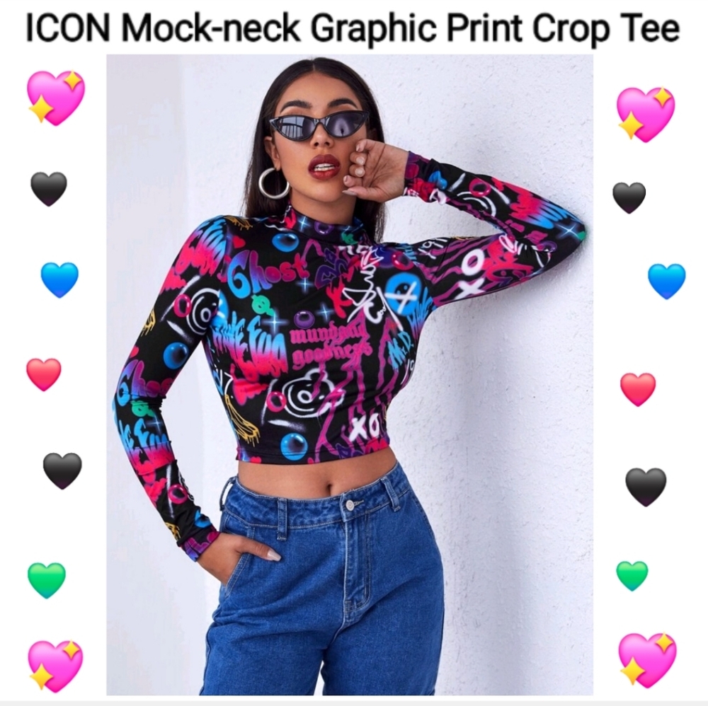 ICON Graphic Pink and Blue Mock Neck Crop Tee, Size XL
